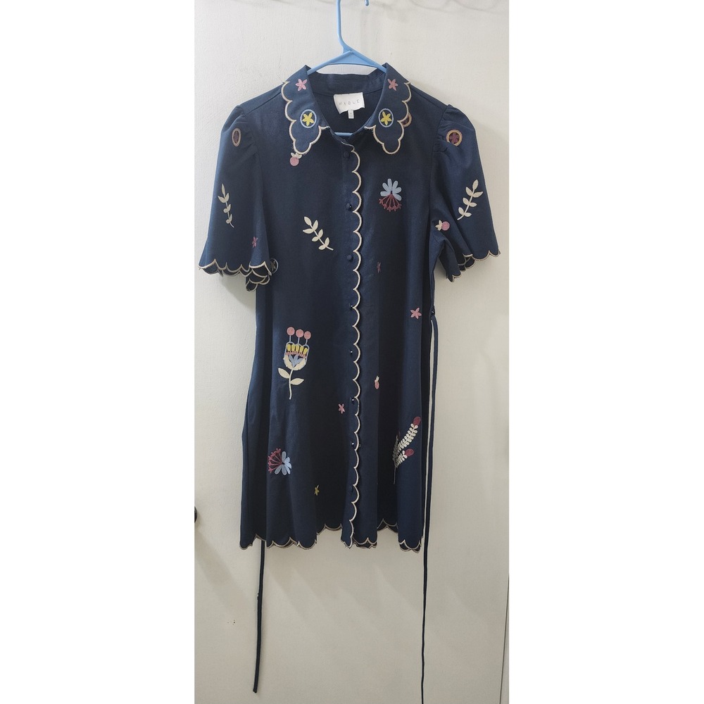 MABLE Navy Blue Embroidered‎ Scalloped Linen Blend Mini Shirt Dress MD4896A M - Picture 9 of 10